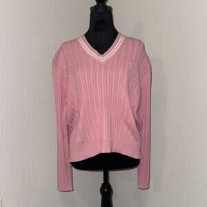 Izod Sweater Women's Large Pink Cable Knitted Long Sleeve V-Neck Preppy Pullover